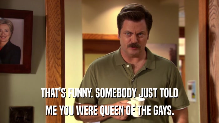 THAT'S FUNNY. SOMEBODY JUST TOLD ME YOU WERE QUEEN OF THE GAYS. 