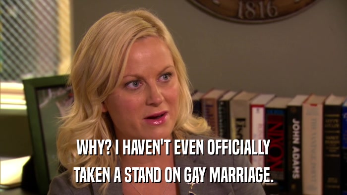 WHY? I HAVEN'T EVEN OFFICIALLY TAKEN A STAND ON GAY MARRIAGE. 