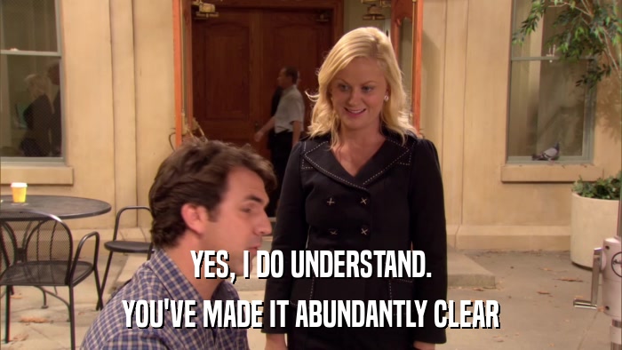 YES, I DO UNDERSTAND. YOU'VE MADE IT ABUNDANTLY CLEAR 