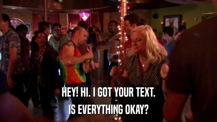 HEY! HI. I GOT YOUR TEXT. IS EVERYTHING OKAY? 