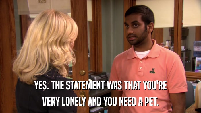 YES. THE STATEMENT WAS THAT YOU'RE VERY LONELY AND YOU NEED A PET. 