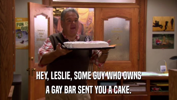 HEY, LESLIE, SOME GUY WHO OWNS A GAY BAR SENT YOU A CAKE. 