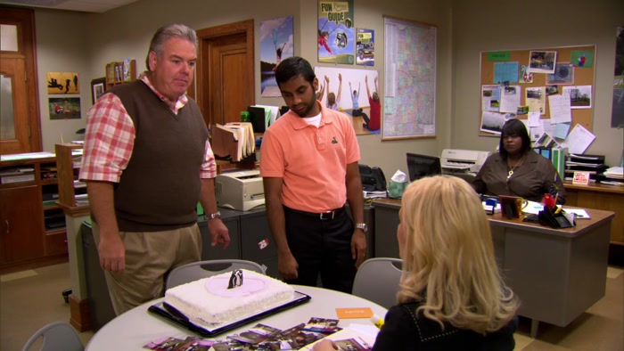 OKAY, NOBODY EAT THAT CAKE. TOM? STEP INTO MY OFFICE. 
