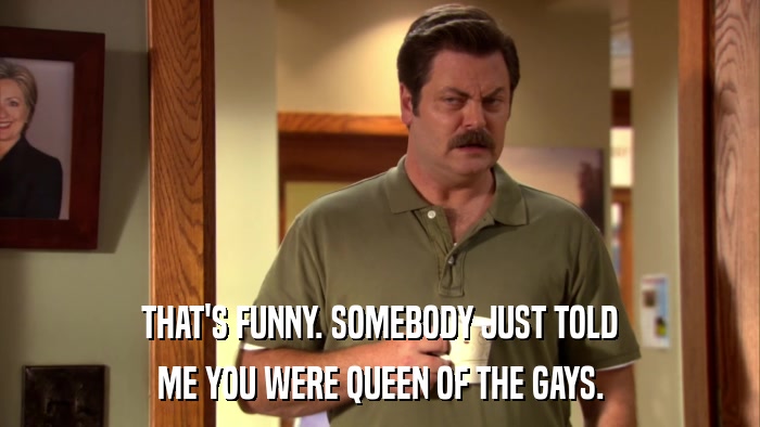 THAT'S FUNNY. SOMEBODY JUST TOLD ME YOU WERE QUEEN OF THE GAYS. 