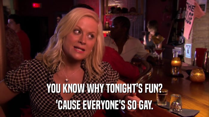 YOU KNOW WHY TONIGHT'S FUN? 'CAUSE EVERYONE'S SO GAY. 