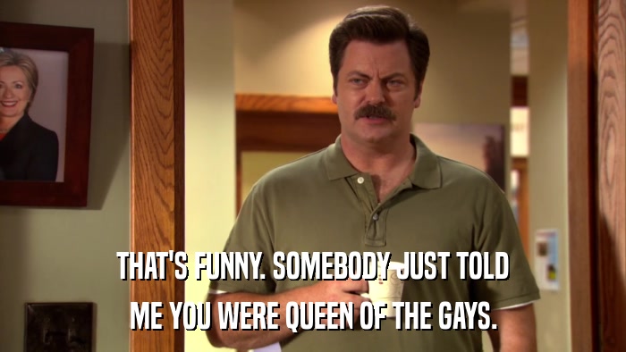THAT'S FUNNY. SOMEBODY JUST TOLD ME YOU WERE QUEEN OF THE GAYS. 