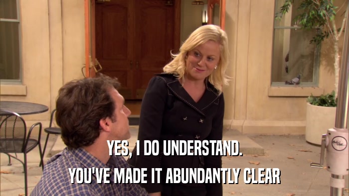 YES, I DO UNDERSTAND. YOU'VE MADE IT ABUNDANTLY CLEAR 