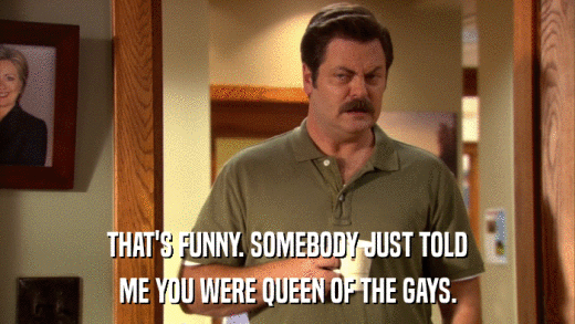THAT'S FUNNY. SOMEBODY JUST TOLD ME YOU WERE QUEEN OF THE GAYS. 