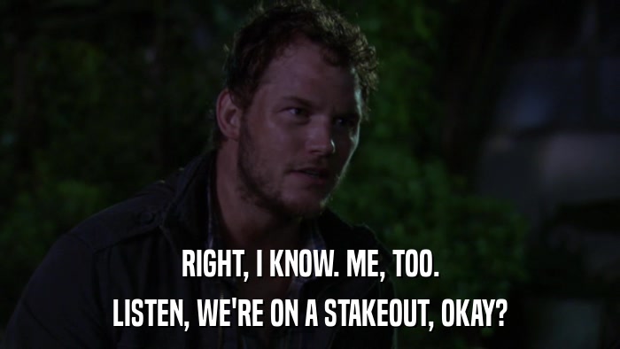 RIGHT, I KNOW. ME, TOO. LISTEN, WE'RE ON A STAKEOUT, OKAY? 