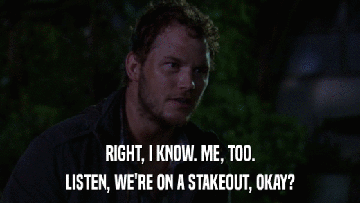 RIGHT, I KNOW. ME, TOO. LISTEN, WE'RE ON A STAKEOUT, OKAY? 