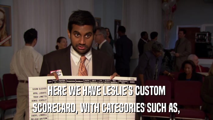 HERE WE HAVE LESLIE'S CUSTOM SCORECARD, WITH CATEGORIES SUCH AS, 