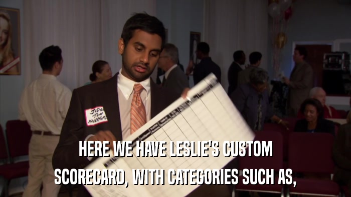 HERE WE HAVE LESLIE'S CUSTOM SCORECARD, WITH CATEGORIES SUCH AS, 