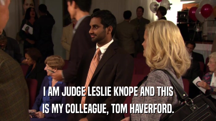 I AM JUDGE LESLIE KNOPE AND THIS IS MY COLLEAGUE, TOM HAVERFORD. 