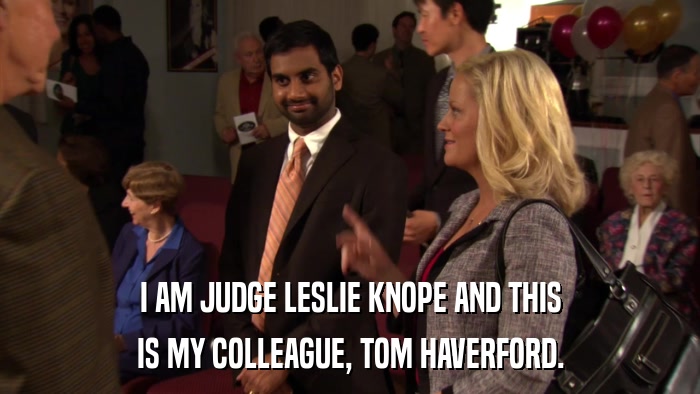 I AM JUDGE LESLIE KNOPE AND THIS IS MY COLLEAGUE, TOM HAVERFORD. 