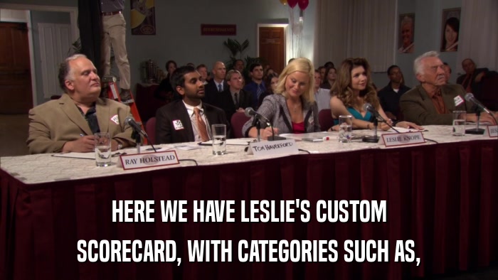 HERE WE HAVE LESLIE'S CUSTOM SCORECARD, WITH CATEGORIES SUCH AS, 