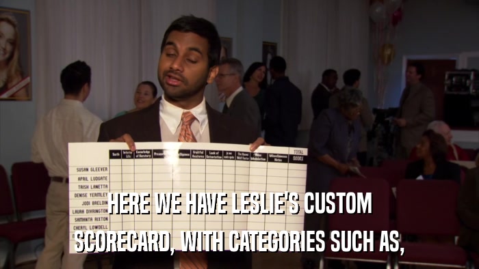 HERE WE HAVE LESLIE'S CUSTOM SCORECARD, WITH CATEGORIES SUCH AS, 