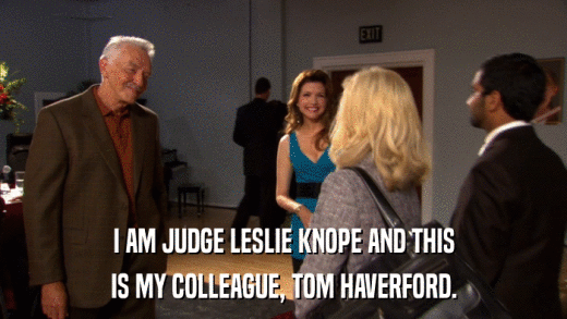 I AM JUDGE LESLIE KNOPE AND THIS IS MY COLLEAGUE, TOM HAVERFORD. 