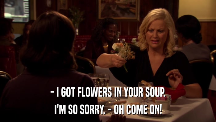 - I GOT FLOWERS IN YOUR SOUP. I'M SO SORRY. - OH COME ON! 