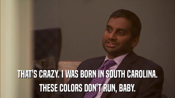 THAT'S CRAZY. I WAS BORN IN SOUTH CAROLINA. THESE COLORS DON'T RUN, BABY. 