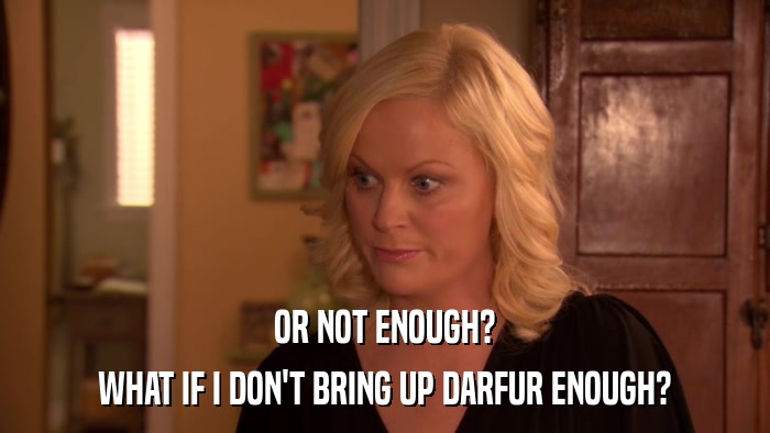 OR NOT ENOUGH? WHAT IF I DON'T BRING UP DARFUR ENOUGH? 