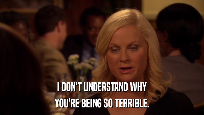 I DON'T UNDERSTAND WHY YOU'RE BEING SO TERRIBLE. 