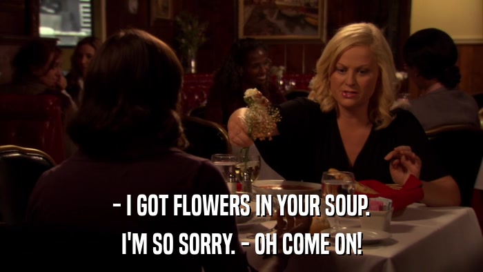 - I GOT FLOWERS IN YOUR SOUP. I'M SO SORRY. - OH COME ON! 