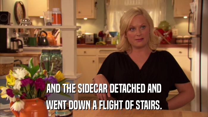AND THE SIDECAR DETACHED AND WENT DOWN A FLIGHT OF STAIRS. 