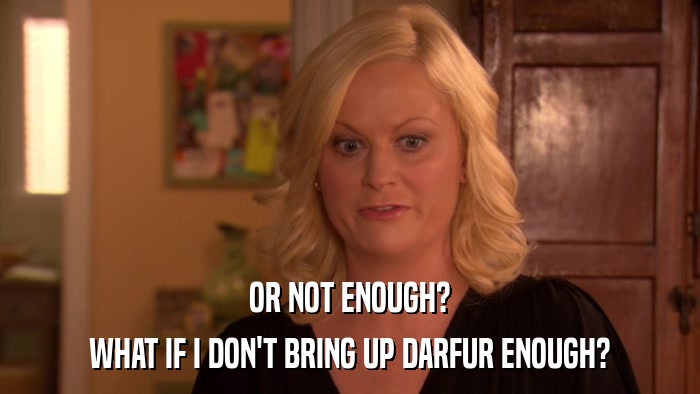 OR NOT ENOUGH? WHAT IF I DON'T BRING UP DARFUR ENOUGH? 