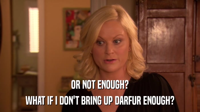 OR NOT ENOUGH? WHAT IF I DON'T BRING UP DARFUR ENOUGH? 