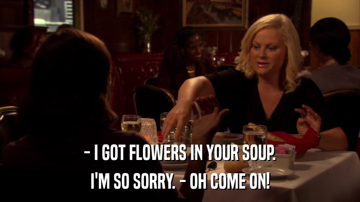 - I GOT FLOWERS IN YOUR SOUP. I'M SO SORRY. - OH COME ON! 