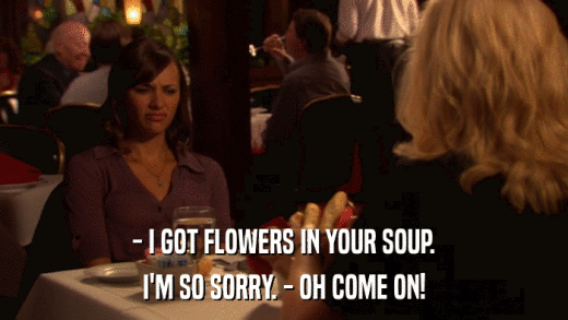 - I GOT FLOWERS IN YOUR SOUP. I'M SO SORRY. - OH COME ON! 