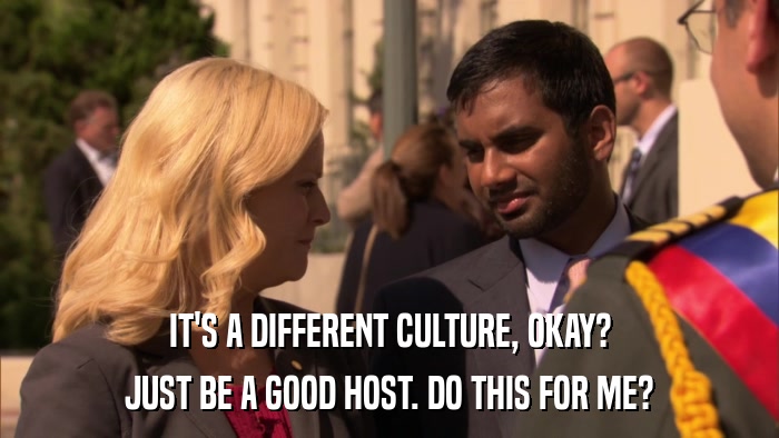 IT'S A DIFFERENT CULTURE, OKAY? JUST BE A GOOD HOST. DO THIS FOR ME? 