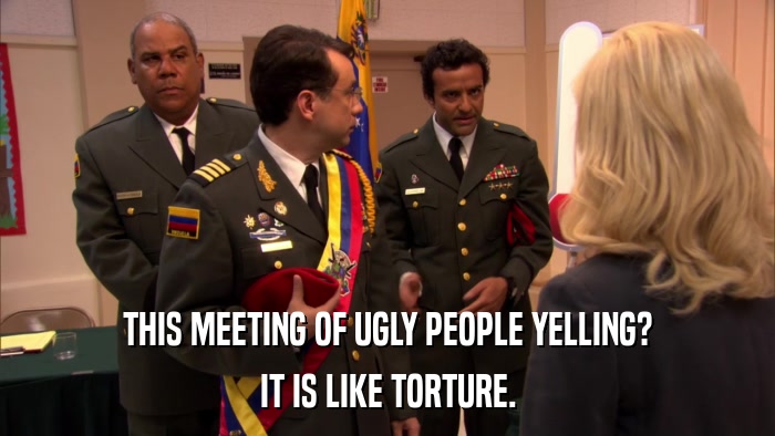 THIS MEETING OF UGLY PEOPLE YELLING? IT IS LIKE TORTURE. 