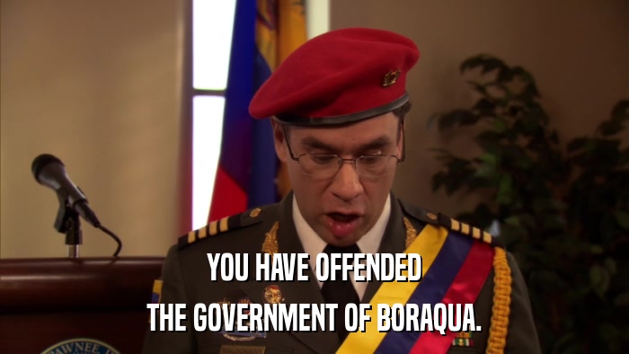 YOU HAVE OFFENDED THE GOVERNMENT OF BORAQUA. 