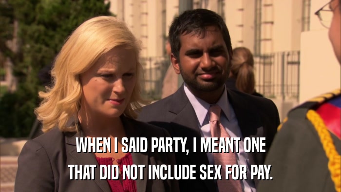 WHEN I SAID PARTY, I MEANT ONE THAT DID NOT INCLUDE SEX FOR PAY. 