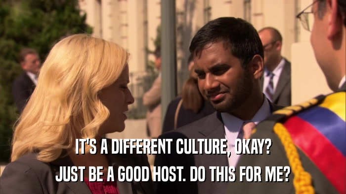 IT'S A DIFFERENT CULTURE, OKAY? JUST BE A GOOD HOST. DO THIS FOR ME? 