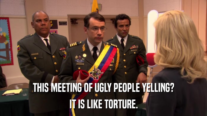 THIS MEETING OF UGLY PEOPLE YELLING? IT IS LIKE TORTURE. 