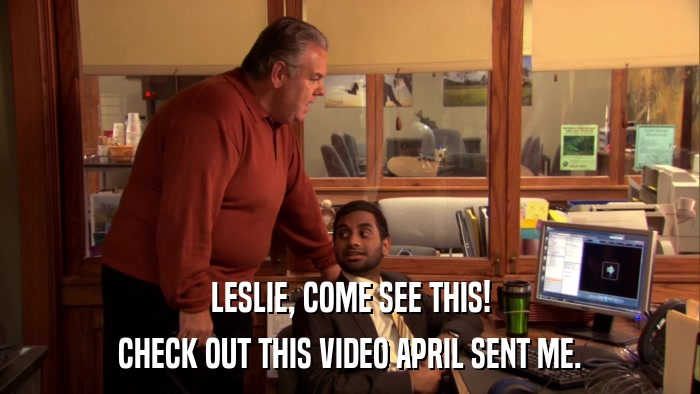 LESLIE, COME SEE THIS! CHECK OUT THIS VIDEO APRIL SENT ME. 