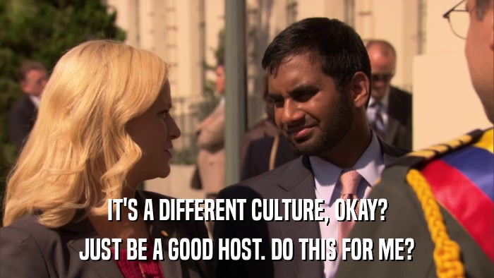 IT'S A DIFFERENT CULTURE, OKAY? JUST BE A GOOD HOST. DO THIS FOR ME? 