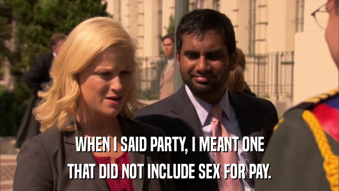 WHEN I SAID PARTY, I MEANT ONE THAT DID NOT INCLUDE SEX FOR PAY. 
