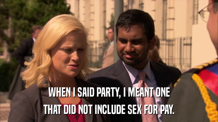 WHEN I SAID PARTY, I MEANT ONE THAT DID NOT INCLUDE SEX FOR PAY. 