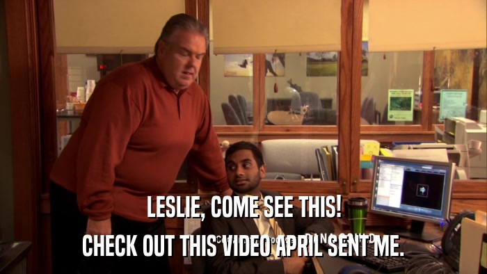 LESLIE, COME SEE THIS! CHECK OUT THIS VIDEO APRIL SENT ME. 