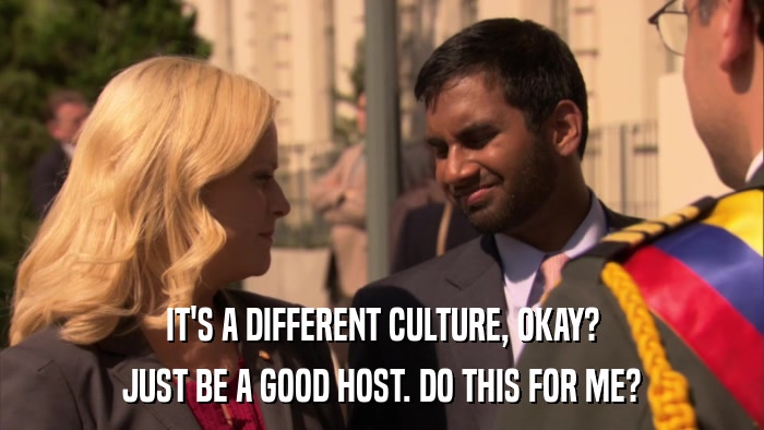 IT'S A DIFFERENT CULTURE, OKAY? JUST BE A GOOD HOST. DO THIS FOR ME? 