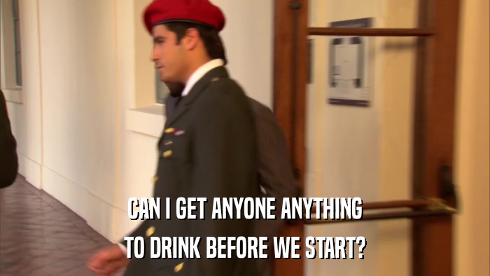 CAN I GET ANYONE ANYTHING TO DRINK BEFORE WE START? 