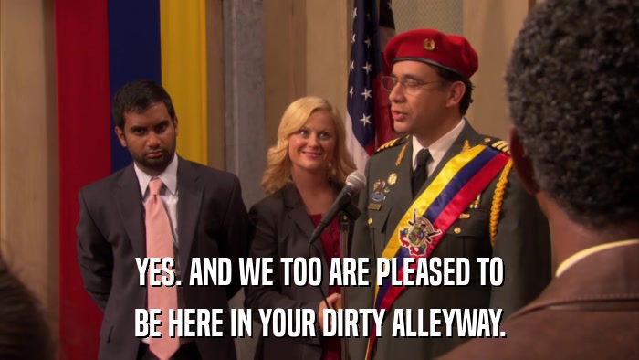 YES. AND WE TOO ARE PLEASED TO BE HERE IN YOUR DIRTY ALLEYWAY. 