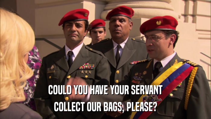 COULD YOU HAVE YOUR SERVANT COLLECT OUR BAGS, PLEASE? 