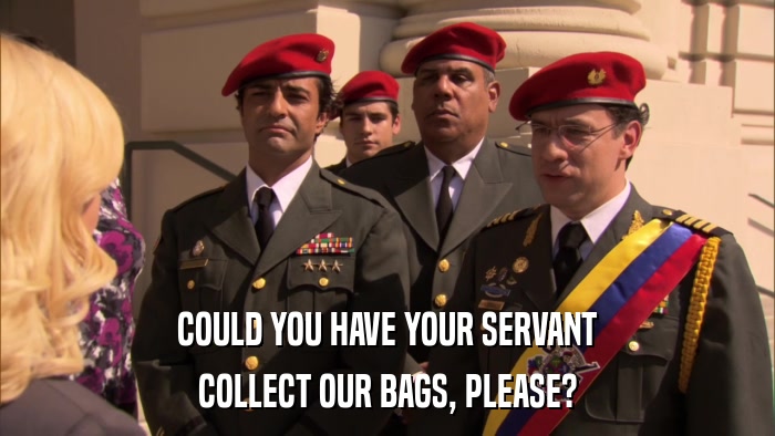 COULD YOU HAVE YOUR SERVANT COLLECT OUR BAGS, PLEASE? 