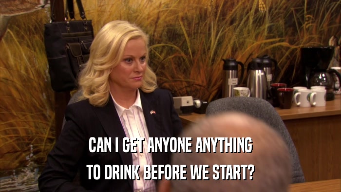 CAN I GET ANYONE ANYTHING TO DRINK BEFORE WE START? 