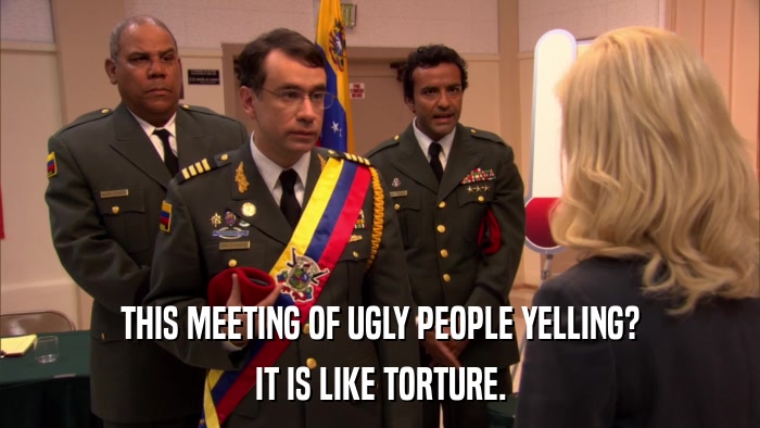 THIS MEETING OF UGLY PEOPLE YELLING? IT IS LIKE TORTURE. 
