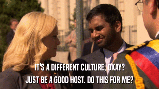 IT'S A DIFFERENT CULTURE, OKAY? JUST BE A GOOD HOST. DO THIS FOR ME? 